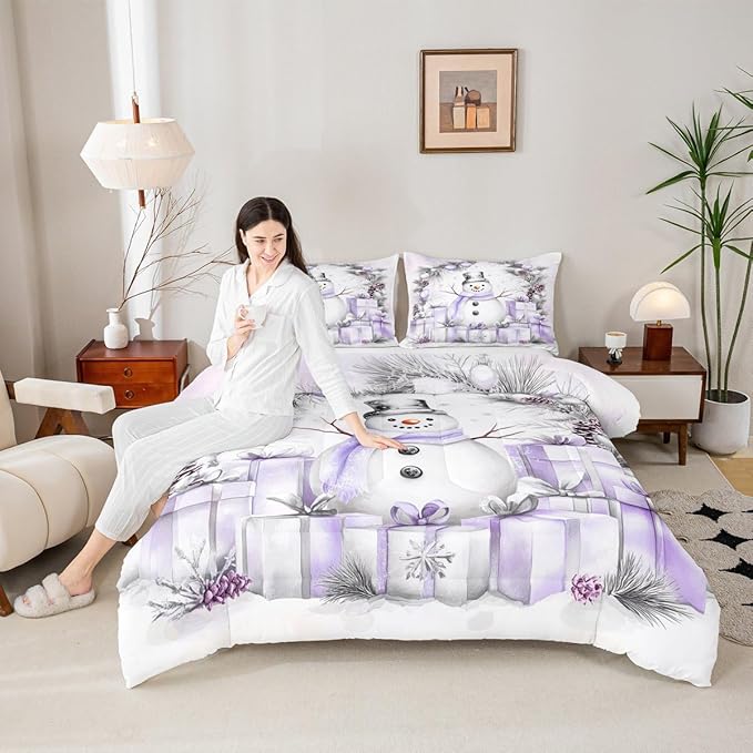 Feelyou Merry Christmas Bedding Set Soft for Boys Girls, Cute Snowman Comforter Set Toddler Size Duvet Quilt Microfiber Snowflake Bedroom Decor 2 Pcs with 1 Pillow Cases