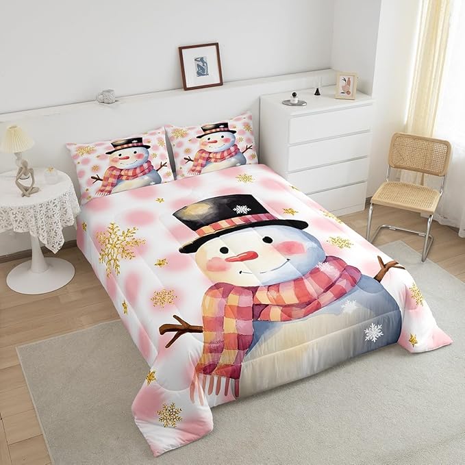 Feelyou Kids Merry Christmas Decorations Queen Size Comforter Set Xmas Snowman Bedding Set Pink Quilt Set Soft Warm Lightweight Duvet Set