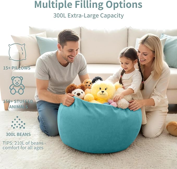 Nobildonna 3 ft Bean Bag Chair Cover (No Filler) 35"×43" Large Stuffed Animal Storage Bean Bag Washable Big Beanbag Chair Cover Premium Corduroy Stuffable Bean Bag Cover for Adults,Kids,Turquoise 300L