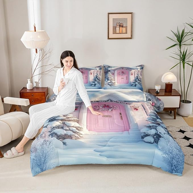 Feelyou Merry Christmas Kids Comforter Set Queen Size Winter Snowscape Bedding Set Pink Door Duvet Quilt for Kids Boys Girls Bedroom Garland Xmas Tree Decor Microfiber Ultra Soft Breathable
