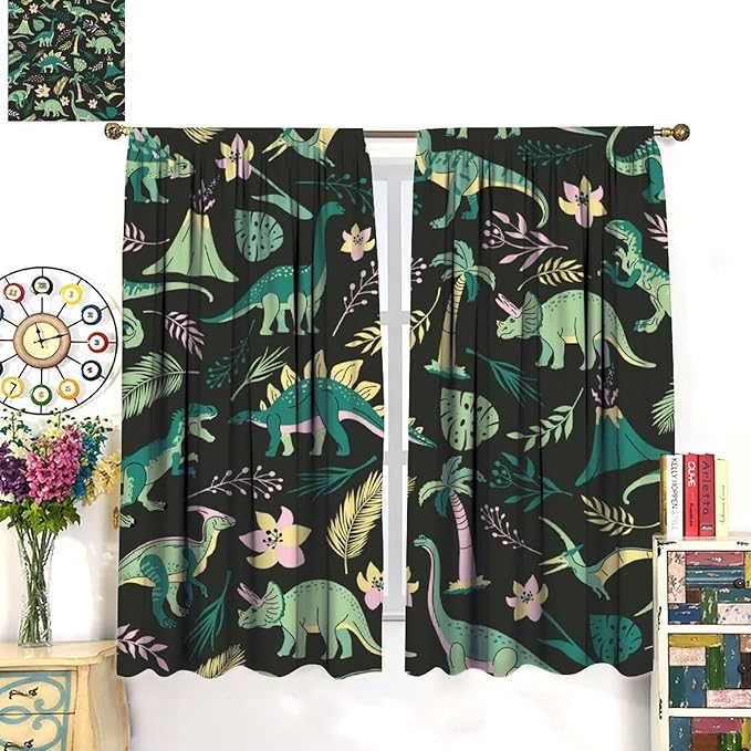 Dinosaurs Blackout Curtains Cartoon Cute Funny Dino Tropical Jungle Green Art Print for Kids Boys Bedroom Living Room Rod Pocket Decoration Window Drapes 2 Panels W26xL84in