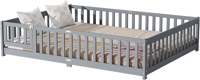 Queen Size Floor Bed with Door & Fence for Kids Boys Girls,Montessori Floor Bed with Roof & Full-Length Guardrails,Easy Assembly & No Box Spring Needed, Grey
