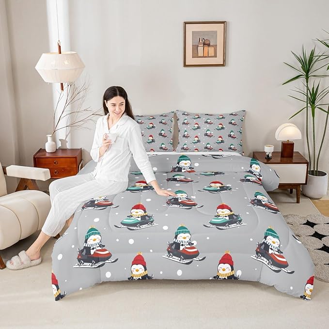 Feelyou Christmas Comforter Set All Season Gray Penguin Bedding Set with 2 Pillow Cases Cartoon Penguin Skiing Microfiber Kids Queen Bedclothes Snowflake Bedroom Decor Duvet Quilt Breathable Soft