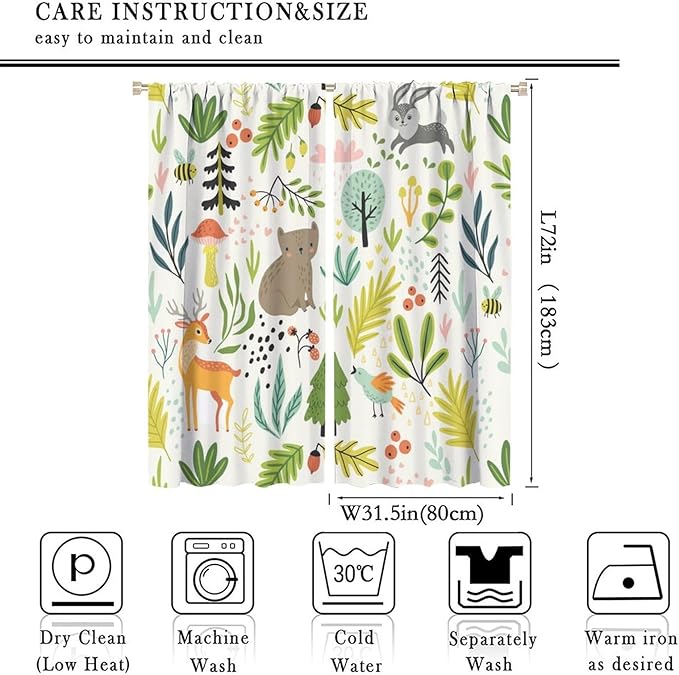 Kid Forest Animal Curtains,Woodland Animal Cartoon Watercolor Forest Hedgehog Fox Toddler Boys Girls Bedroom Living Room Window Drapes 63x72in
