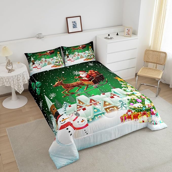 Manfei Christmas Comforter Set King Size, Snowman Xmas Tree Quilt Set with 2 Pillowcases, Santa Claus with Deer Bedding Set 3pcs for Kids Boys Girls Room Decor New Year Theme Duvet Insert
