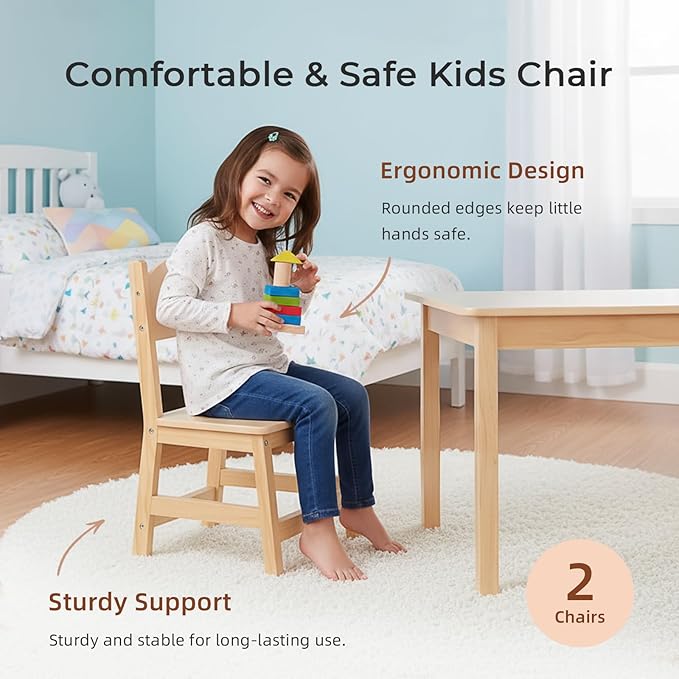 Wood Kids Table and Chairs Set, Waterproof Desktop, Easy to Clean, Smooth Edge, Ideal Toddler Table Chairs Set for Eating, Snack Time and Play Games