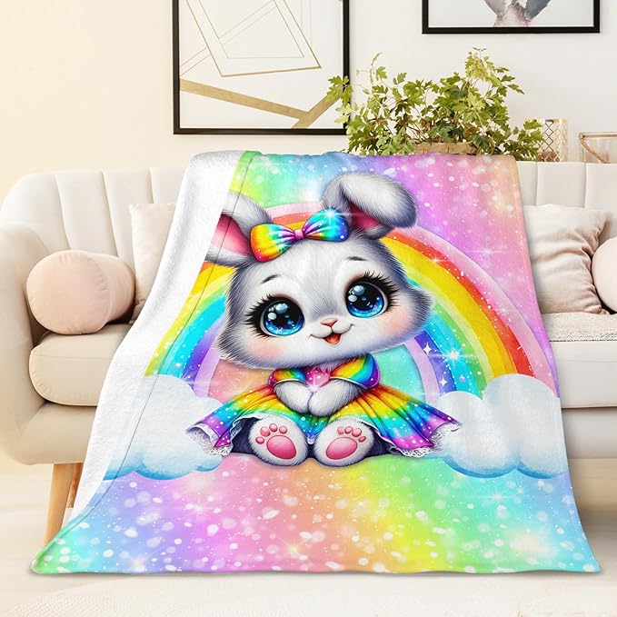 Girls Rabbit Blanket Gift, Throw for Toddler Kids Bunny Lovers - 40x50 Inches Soft Cozy Cute Rainbow Throw Blankets for Sofa Couch Living Room Bed