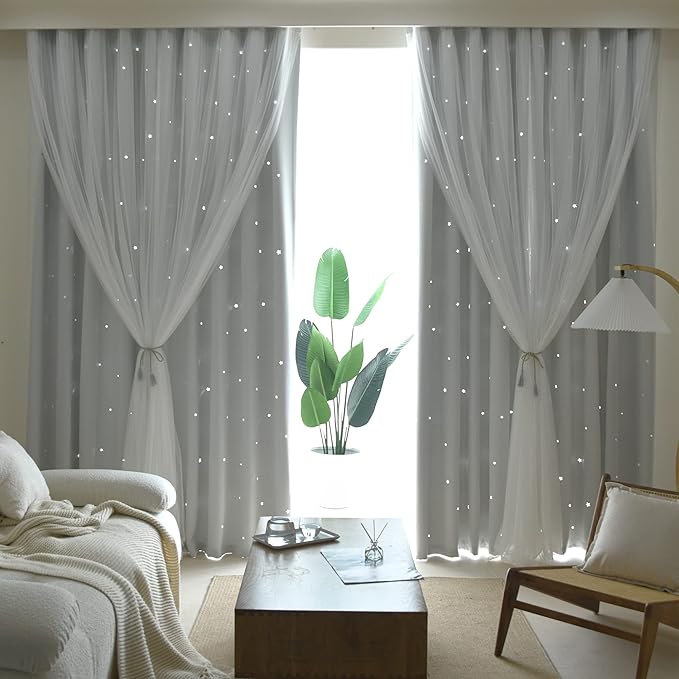 Kinryb Kids Star Cutout Curtains for Bedroom/Living Room/Classroom,2 Free Tiebacks Sheer Overlay 2 Panel Set, Double Layer Curtains for Kids Room(Each Piece W70 x L95 Inches 2 Pcs Greyish White)