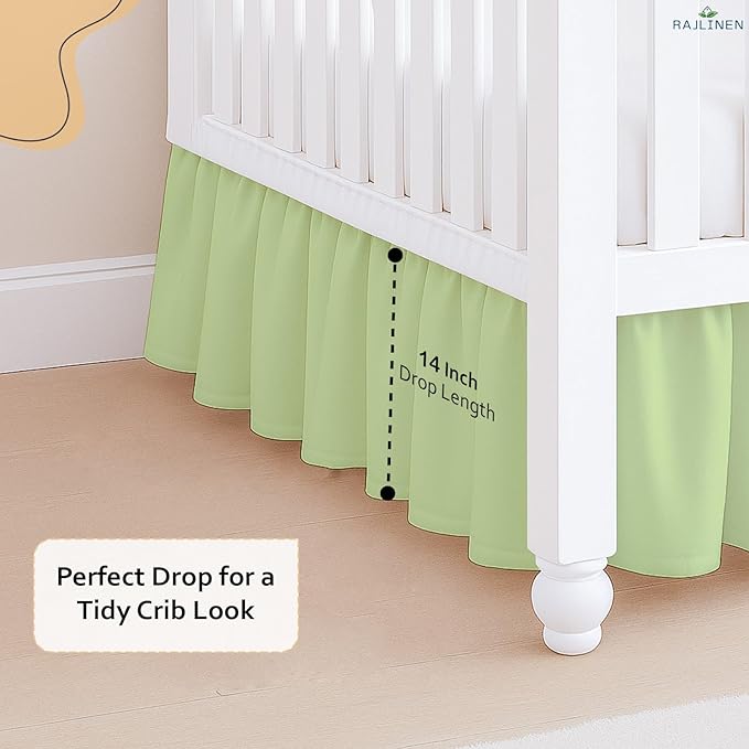 Rajlinen Ruffled Crib Bed Skirt, Microfiber, Dust Ruffle with Split Corners, 14" Drop, Nursery Toddler Bedding for Baby Boys or Girls, Sage
