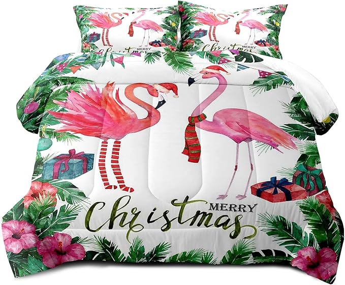 LUVIVIHOME 2PCS Merry Christmas Comforter Set Twin Size, Pink Flamingo Bedding, Teens Girls Boys Kids Bedding, Tropical Green Plant Botanical Hibiscus Flower White Quilt, Xmas Gifts, 1 Pillow Case
