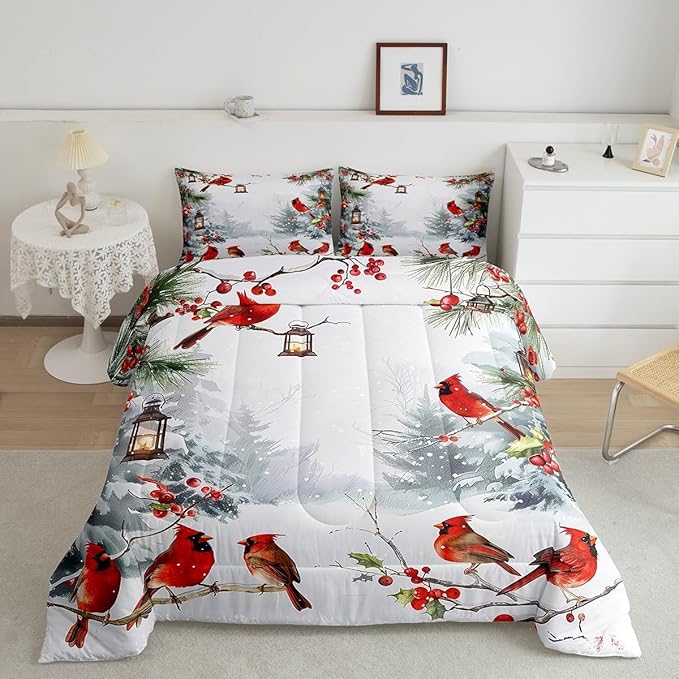 jejeloiu Kids Red Cardinal Comforter Set King Size Christmas Theme Bedding Set for Boys Girls Teens Xmas Birds Winter Country Woodland Animal Duvet Quilt Room Decor
