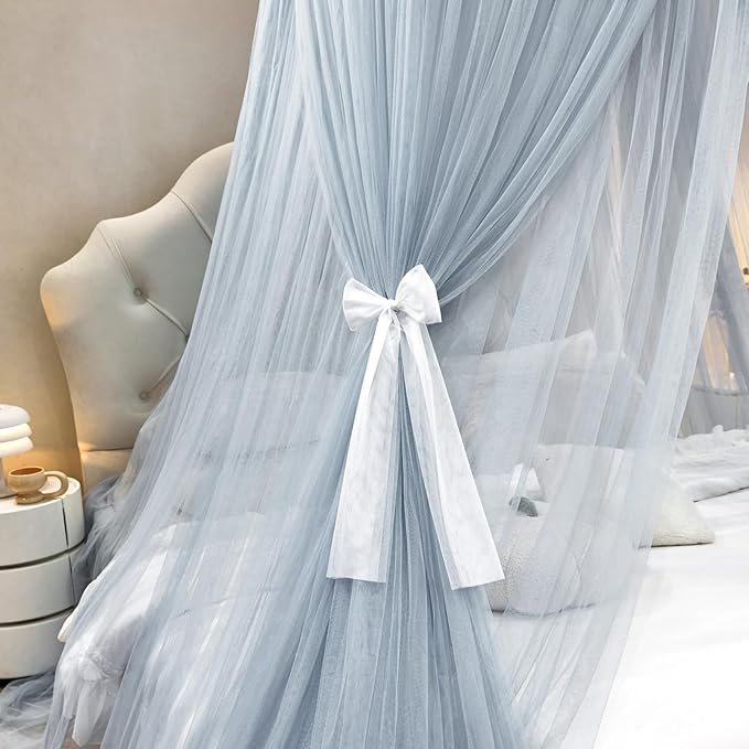AIKASY Princess Bed Canopy for Girls – Double Layer Sheer Mesh Dome with Romantic Lace Trim, Dreamy Mosquito Net Tent for Twin/Full/Queen/King Beds(Lightgrey)