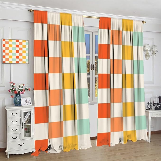 70s Retro Curtains,Cute Green Pink Yellow Checkered Hippie Window Treatments for Kids Girl Bedroom Window 72"" W X 63"" L, Style-7