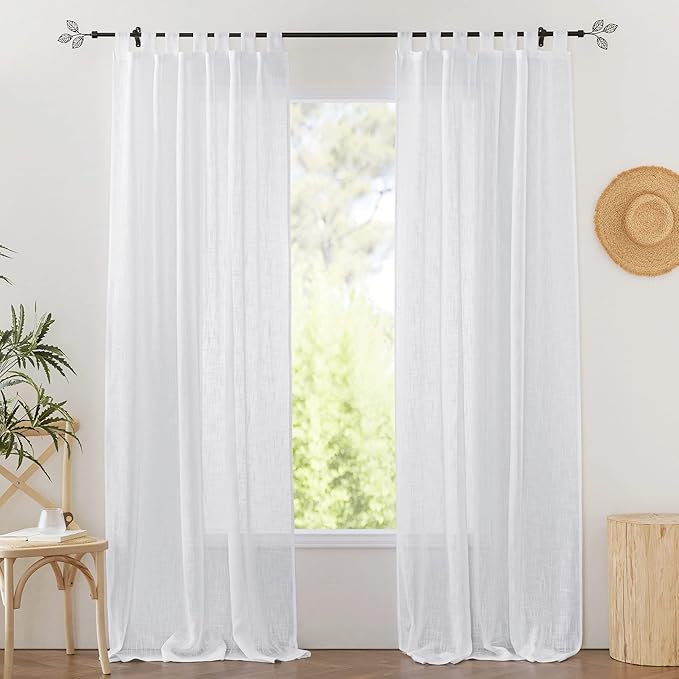 RYB HOME White Sheer Curtains for Living Room, Linen Textured Sheer Drapes Wall Panels Backdrop Filter Sunlight Glare for Bedroom Office Doorway, W 52 x L 96 inch, 2 Panels, White