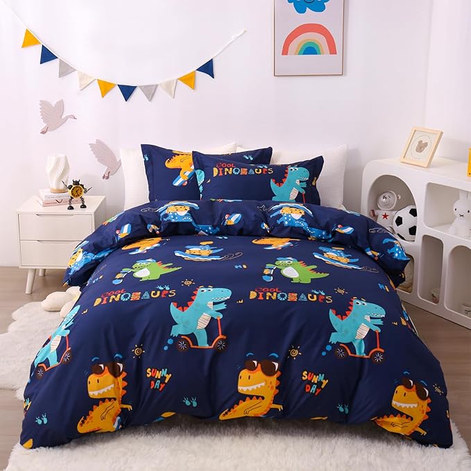 JSD Sports Dinosaur Kids Duvet Cover Set Queen Size, 3 Piece Cute Printed Microfiber Comforter Cover with Pillow Shams Zipper Closure, Comforter Not Included