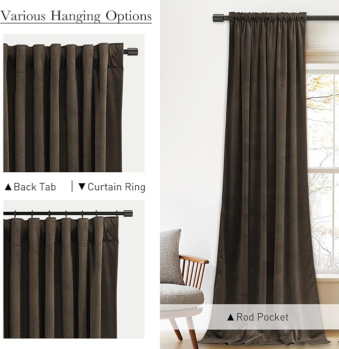 StangH Brown Velvet Curtains Thermal Insulated Room Darkening, Privacy Protect Decorative Drapes for Bedroom Living Room Cafe Bar Home Theater, 52 x 84 inches, 2 Panels