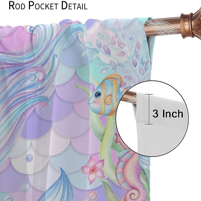 Fantasy Mermaid Curtain Dream Cartoon Marine Organisms Turtle Coral Ocean Theme Dream Blackout Window Treatment for Kids Girls Bedroom Nursery Room Decor Rod Pocket Window Drapes 52x84in