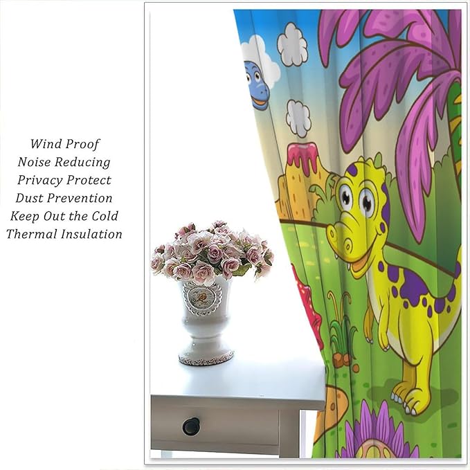 Cute Dinosaur Curtains, Colorful Cartoon Dino Pattern Blackout Window Treatments, Rod Pocket Thermal Insulated Drapes 2 Panel Sets for Kids Bedroom Nursery Classroom, 72" W X 63" L