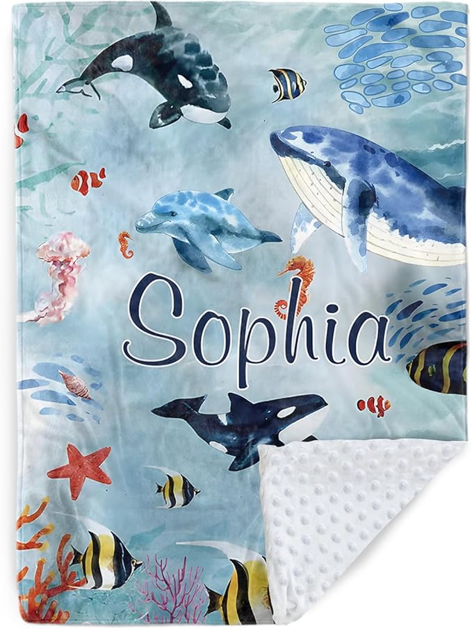 Custom Baby Blanket - Ocean Animals Theme Personalized Name Blanket for Boys Girls, Soft Infant Toddler Blanket with Whale and Dolphin, Customizable Nursery Bedding (47" x60)
