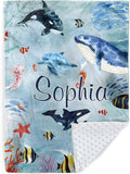 Custom Baby Blanket - Ocean Animals Theme Personalized Name Blanket for Boys Girls, Soft Infant Toddler Blanket with Whale and Dolphin, Customizable Nursery Bedding (30”x40)