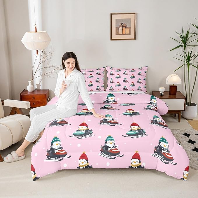 Feelyou Christmas Kids Comforter Set Full Size Pink Penguin Bedding Set Cartoon Penguin Skiing Duvet Quilt for Kids Boys Girls Bedroom Snowflake Decor Microfiber Ultra Soft Breathable