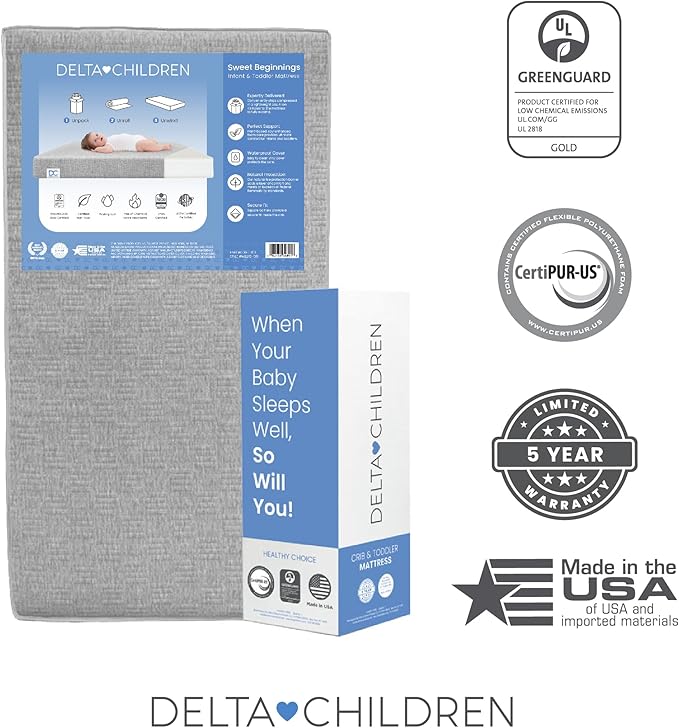 Delta Children Sweet Beginnings Dual Sided Baby Crib Mattress and Toddler Mattress, GREENGUARD Gold and CertiPUR-US Certified, Firm Plant-Based Foam, Waterproof, 5 Year Warranty, Made in USA