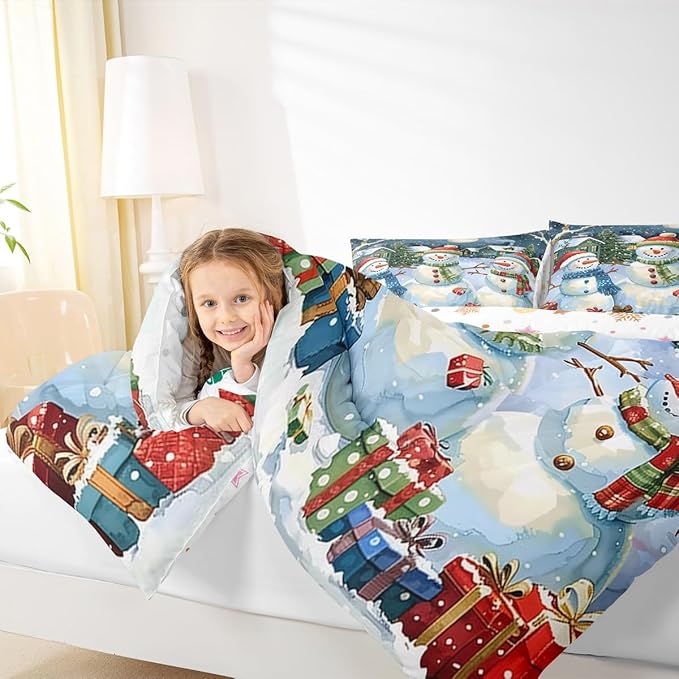 jejeloiu Kids Snowman Comforter Set Toddler Countryside Christmas Theme Bedding Set for Boys Girls Teens Xmas Tree Snowflake Winter Happy New Year Duvet Quilt Room Decor
