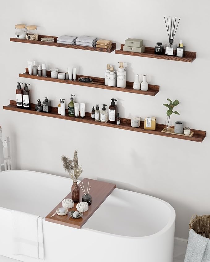 Axeman Oak Picture Ledge Shelf, 55 Inch Floating Shelves Set of 2, Solid Oak Wood Wall Shelves with Lip, Wall Decor Storage for Bedroom Living Room Bathroom Kitchen Nursery Photo Picture, Walnut