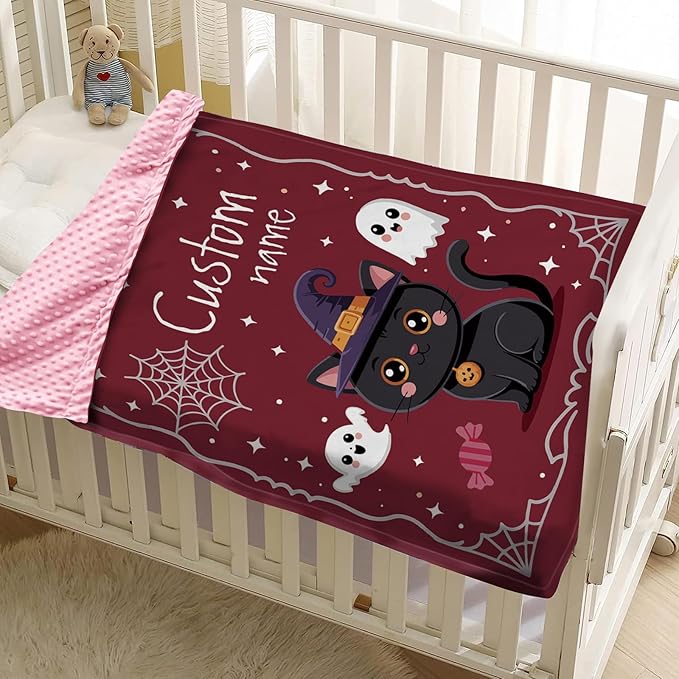 Personalized Halloween Blanket for Girls, Custom Baby Blanket with Name, Cute Cat Theme Soft Minky Dot Blanket, Halloween Decor Christmas Birthday Gifts for Kids Toddlers