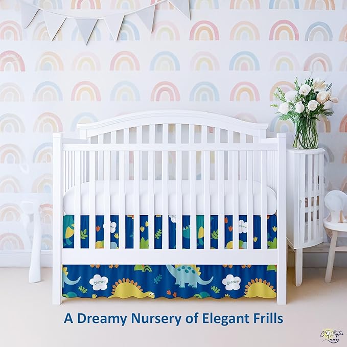 Cottington Lane Crib Skirt Dust Ruffle, 100% Natural Cotton, Soft, Durable Nursery Crib Toddler Bedding Skirt for Baby Girls or Boys, Fits Standard Cribs 28" x 52" with 14" Drop, Blue Dinosaur
