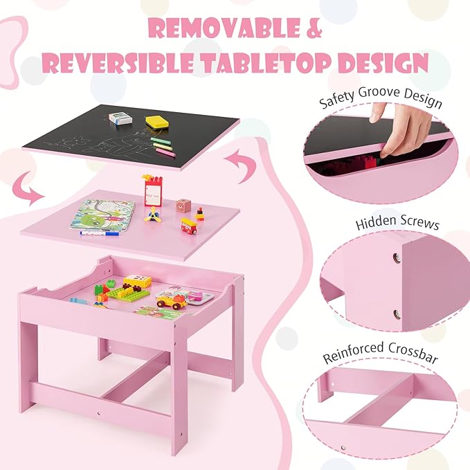 HONEY JOY Kids Table and Chairs, 3-in-1 Children Wooden Activity Set with Storage, Detachable Tabletop, for Art, Craft, Drawing, Reading, Gift for Toddlers Boys Girls 3-7 Years Old (Pink)