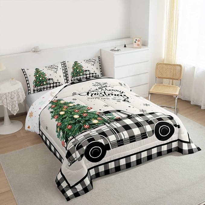 Christmas Truck Kids Comforter Set Queen Size,Snowflake Pines Trees Rustic Bedding,Girls Boys Adults Bedroom/Xmas Cabin Decor,Geometric Grids Lattice Down Comforter,Retro Duvet Insert,2 Pillowcases