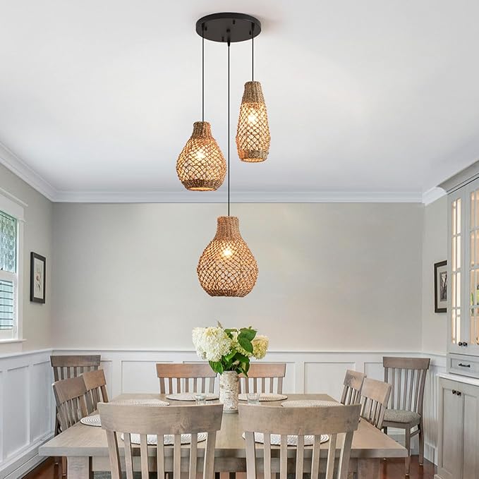 Rattan Pendant Light,3-Lights Hand Woven Chandelier,Boho Ceiling Hanging Light for Kitchen Island Dining Room, Bedroom Restaurant.