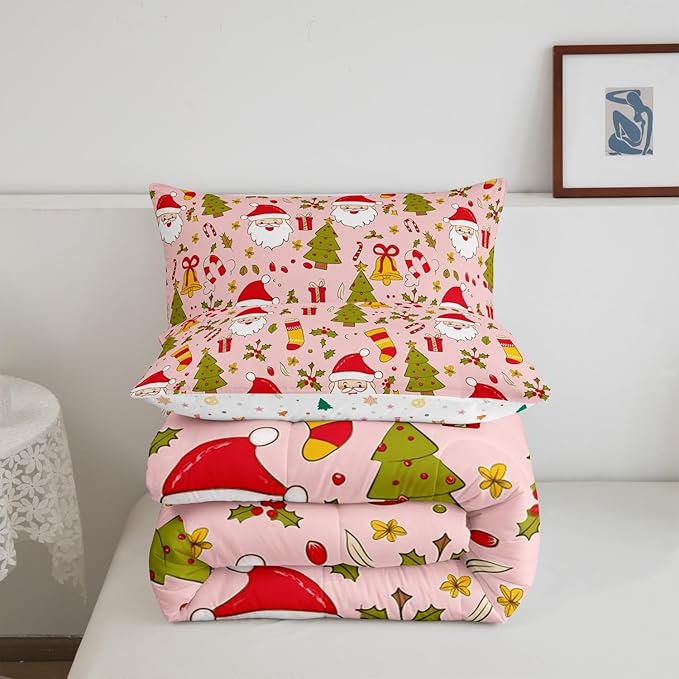 Feelyou Christmas Bedding Set for Kids Boys Girls King Size Cute Santa Claus Comforter Set Ultra Soft Comforter Xmas Tree Duvet Quilt Bedroom Decor Berries Pattern Printed Quilt