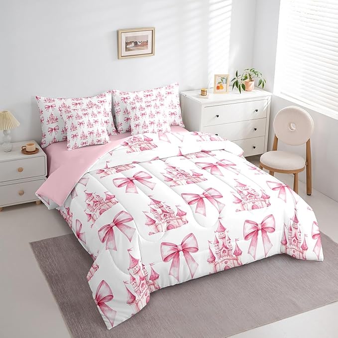 7 Pieces Pink Bowknot Kids Comforter King,Castle Tale Princess Toddler Bedding Set,Bow Tie Butterfly Knot Girlish Romantic Fashion（Comforter+Fitted+Flat Sheet+2 Pillowcases+2 Throw Pillow Covers）