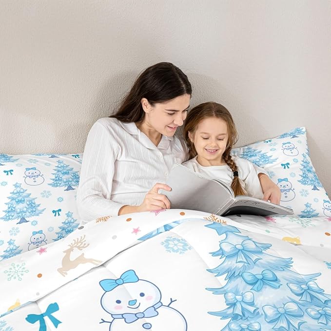 Feelyou Merry Christmas Bedding Set Soft for Boys Girls, Cute Snowman Comforter Set Queen Size Cartoon Bowknot Duvet Quilt Microfiber Christmas Tree 3 Pcs with 2 Pillow Cases