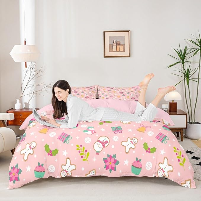 Christmas Kids Bedding Set Cartoon Christmas Tree Snowman Duvet Cover for Boys Children Teens Bedroom Decor Flower Birds Comforter Cover Set Pink New Year Bedspread Cover King Size with 2 Pillow Case
