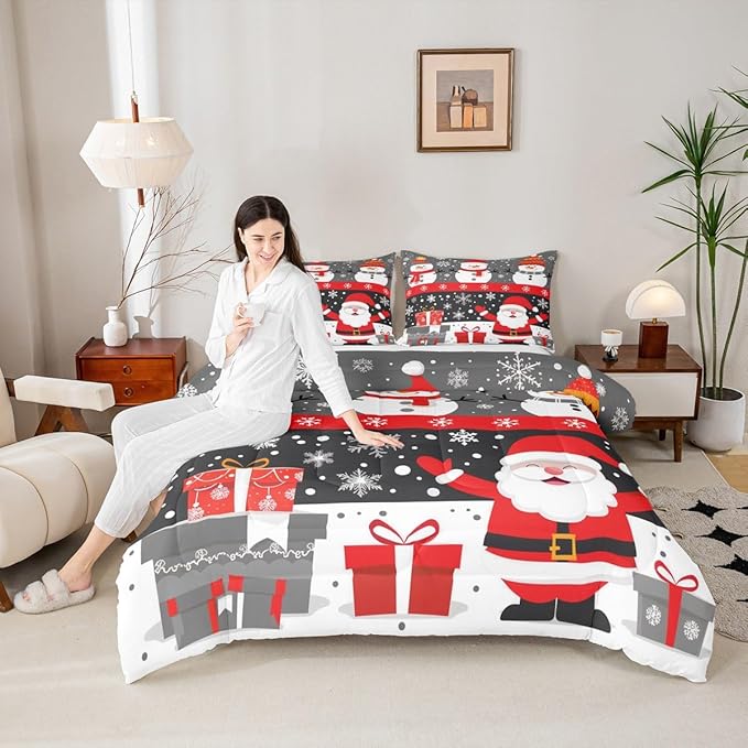 Feelyou Christmas Bedding Set Soft for Boys Girls, Merry Christmas Comforter Set King Size New Year Gift Duvet Quilt Microfiber Snowflake Bedroom Decor 3 Pcs with 2 Pillow Cases