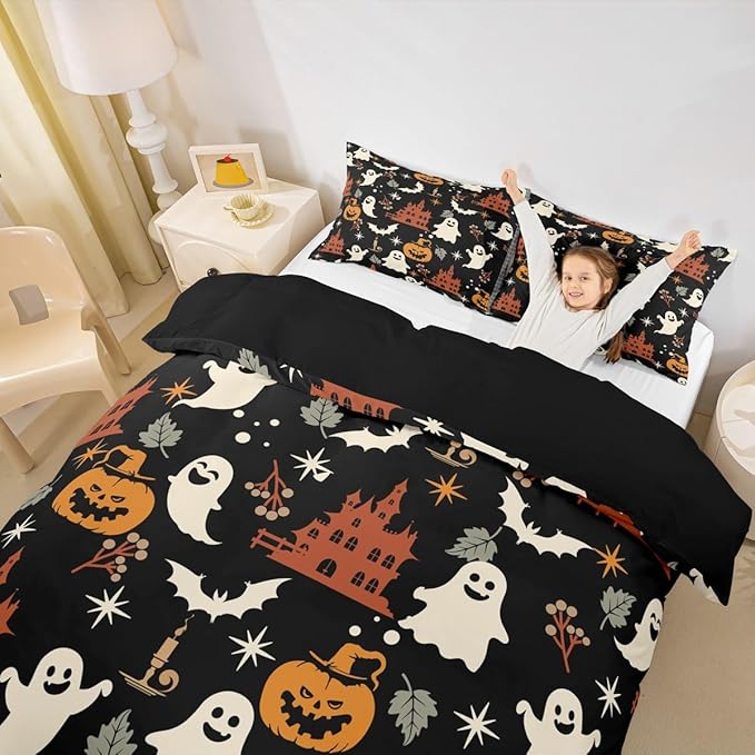 Halloween Bedding Duvet Cover Set Kids Cartoon Jack O Lantern Bedding Set Kids Ghost Pumpkin Lantern Decor Comforter Cover Set Microfiber Bats Castle Bedspread Cover Bedroom Bedclothes Full Size