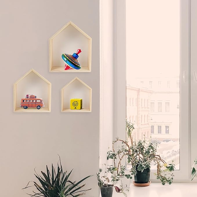 Angoily 3pcs House Shaped Floating Shelves Wall-Mounted Wood Storage Rack for Home Decor Modern Geometric Design with Strong Bearing for Stationery Plants Ornaments Display