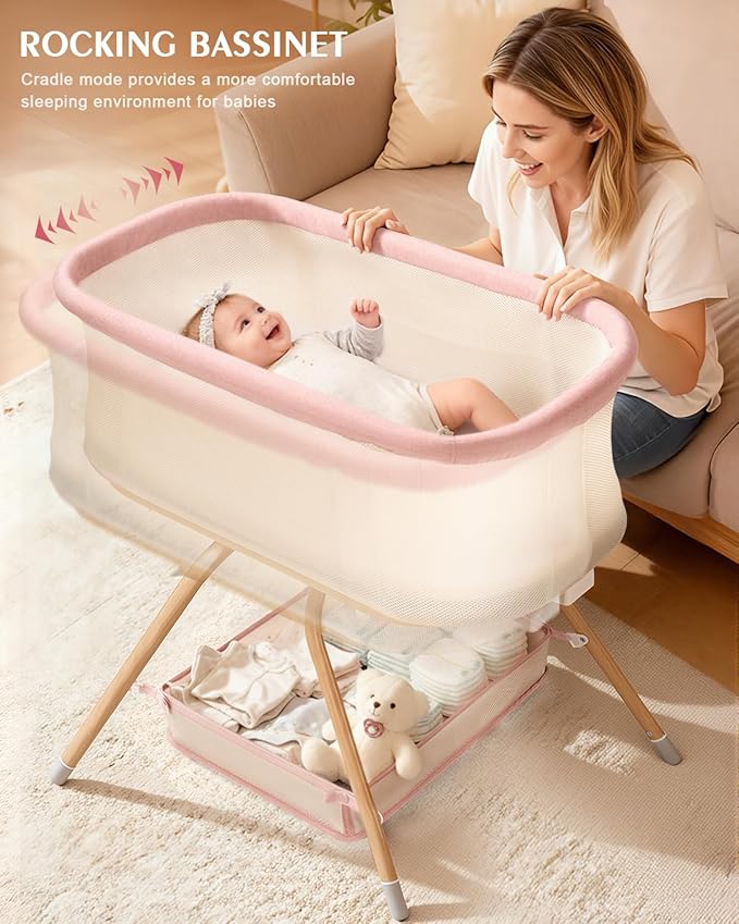 3 in 1 Baby Bassinet, Rocking Bedside Bassinet for Baby with Mesh Design & Soft Mattress, Bassinet Bedside Sleeper for Newborn Infant，Portable Nest with Storage Basket, Easy Assemble & Folding Pink