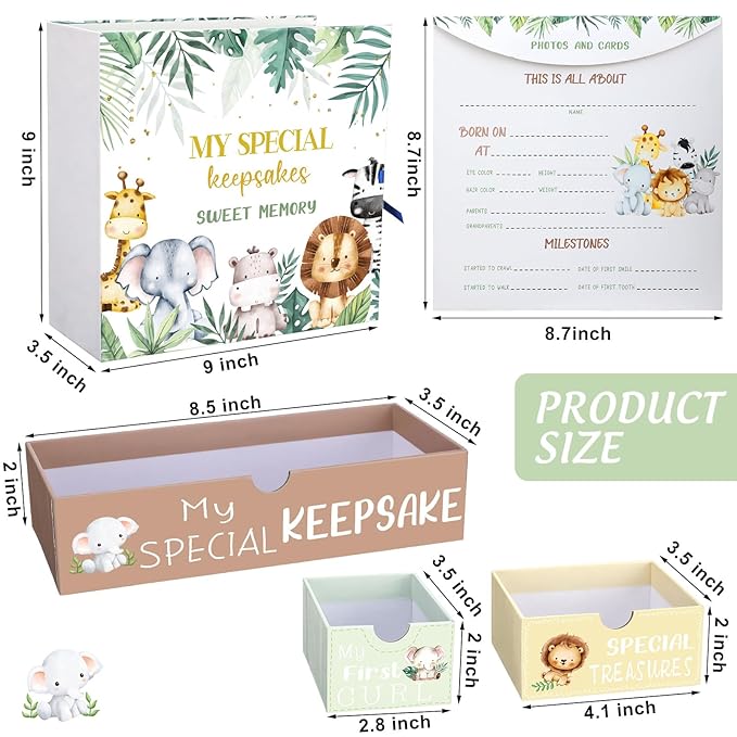 Baby Keepsake Box Newborn Memory Organizer with 9 Labeled Compartments First Keepsake Book Gift Box for Pregnancy Mother"s Day Baby Shower New Maternity (Green,Jungle Animal)