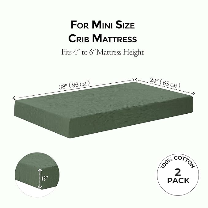 Dreamology Mini Muslin Crib Sheets,100% Cotton Crib Sheets,Muslin Cotton Crib Sheet Fitted for Girls and Boys, Pack and Play Sheets, 24x38 Mini Crib Sheet | Green and Light Green