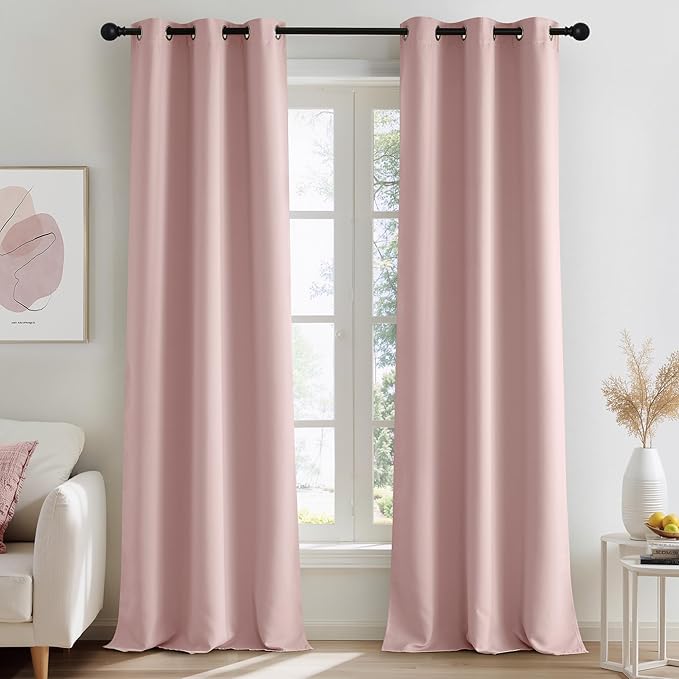 NICETOWN Blush Pink Room Darkening Curtains 90 Inches Long 2 Panels for Girls Room, Bedroom, Nursery Thermal Insulated Blackout Drapes Solid Grommet Noise Reducing Window Curtains, W40