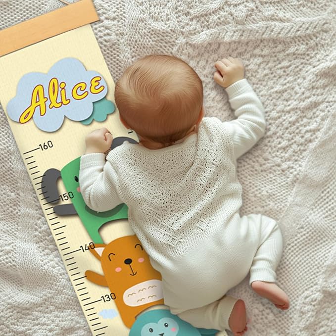 Personalized Name Growth Chart Wall Decor for Kids – Canvas Removable Height Chart Measuring Ruler 59" x 7.9" (Painted Animals)