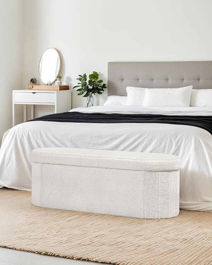 Storage Ottoman Bench, 43.3 Inches Oval Ottoman with Storage, Teddy Boucle Foot Rest, Large Folding Ottoman Bench for Living Room, Entryway, Bedroom, White