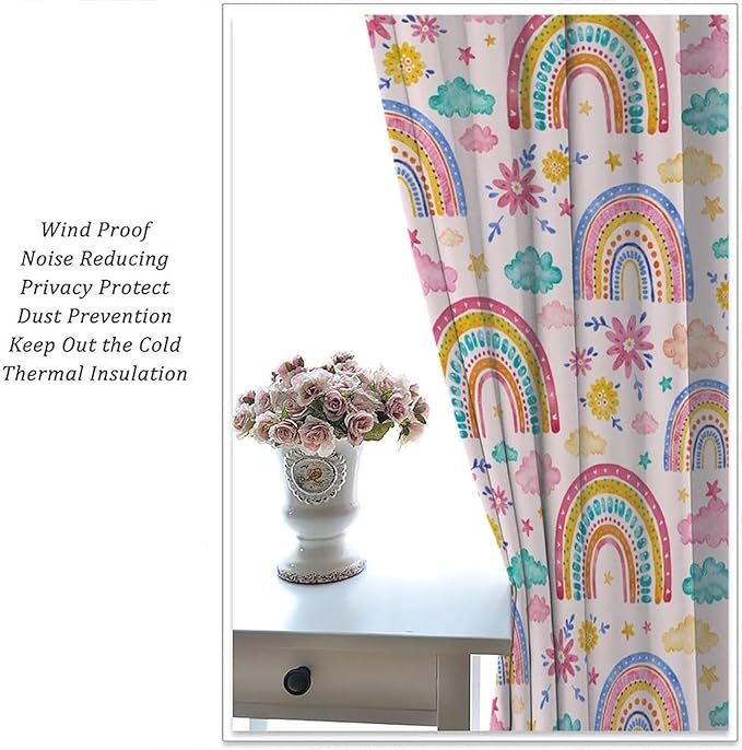 Kids Rainbow Curtains Boho Cartoon Colorful Stars Pink Lovely Rainbow Abstract Art Pattern Print Window Drapes for Bedroom Living Room Kitchen Decor,2 Panel Set,42x45 Inch Blackout