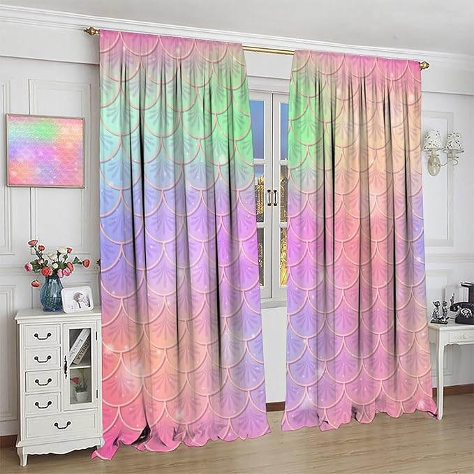 Mermaid Curtains, Kids Cartoon Watercolor Sea Animals Mermaid Princess Scales Pattern Print Living Room Decoration for Kids Girls Bedroom Nursery 42x44 Inch