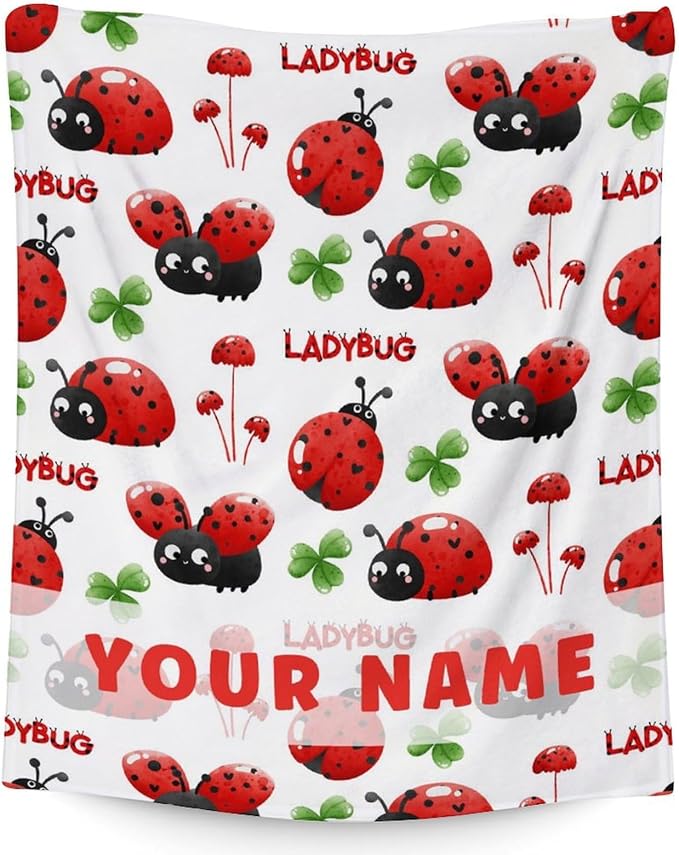 Custom Ladybug Blanket for Girls - 40 x 50 Inches Cute Lady Bug Blanket for Boys - White Fuzzy Warm Decor for Couch, Sofa