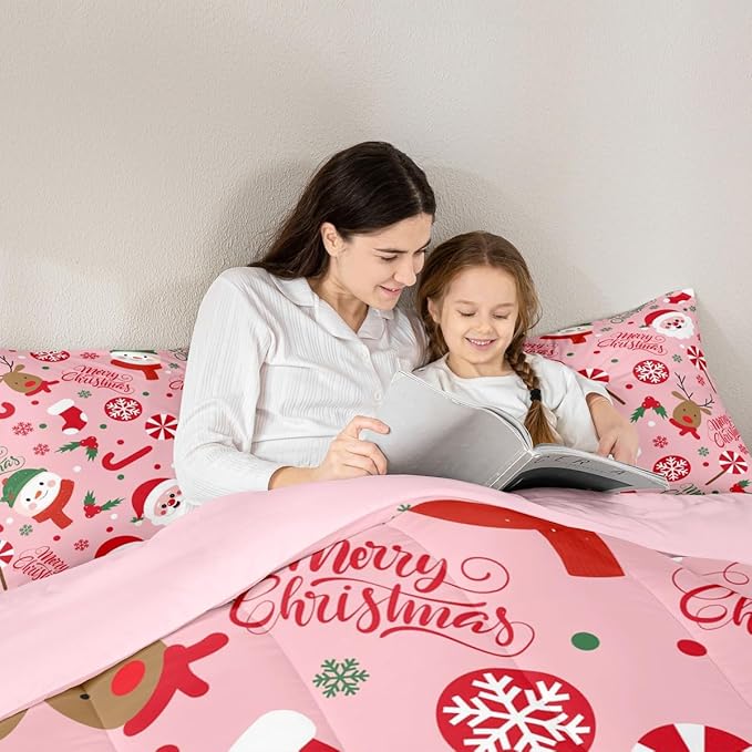 Feelyou Merry Christmas Kids Comforter Set King Size Santa Claus Snowman Bedding Set Deer Berries Duvet Quilt for Kids Boys Girls Bedroom Snowflake Decor Microfiber Ultra Soft Breathable